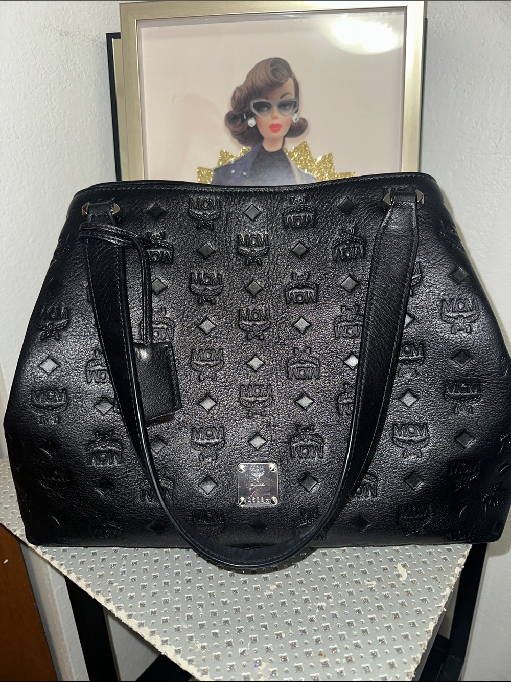 MCM Signature Monogrammed Black Leather Handbag